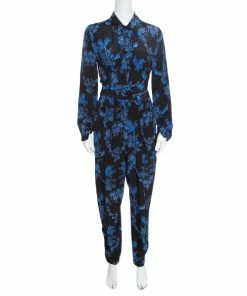 Cheapest 😀 Stella McCartney Black And Blue Floral Printed Silk Belted Natalia Jumpsuit M For 👩 Women ✔️