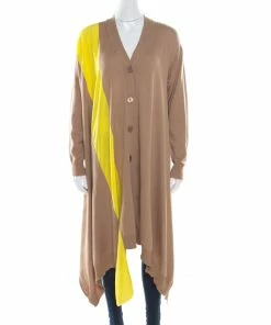 Wholesale 💯 Stella McCartney Brown Wool Contrast Silk Panel Asymmetric Cardigan S For 👩 Women 🎉