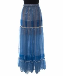 Discount 🎉 Stella McCartney Blue Printed Silk-Blend Chiffon Tiered Maxi Elsa 👗 Skirt XL For 👩 Women ❤️