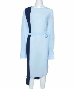 Best Sale 👍 Stella McCartney Blue Colourblock Silk Belted 👗 Dress M For 👩 Women 😀