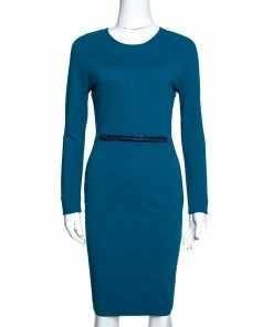 New 👏 Stella McCartney Teal Stretch Knit Embellished Sheath 👗 Dress S For 👩 Women 🧨