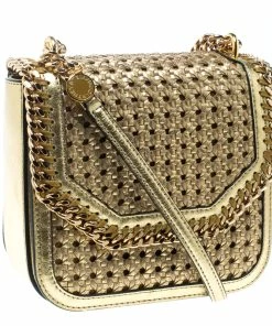 Best Sale 🧨 Stella McCartney Metallic Gold Wicker Faux Leather Medium Falabella Box Shoulder Bag For 👩 Women 😉 -Stella McCartney Shop luxury women stella mccartney new handbags p168006 008