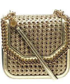 Best Sale 🧨 Stella McCartney Metallic Gold Wicker Faux Leather Medium Falabella Box Shoulder Bag For 👩 Women 😉