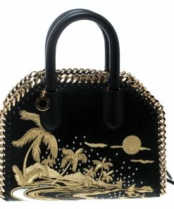 Discount 😍 Stella McCartney Black Leather Tiny Hawallan Embroidered Top Handle Shoulder Bag For 👩 Women 😀
