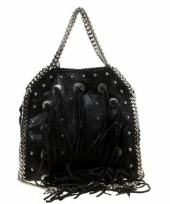 Brand new 🌟 Stella McCartney Black Faux Leather Mini Falabella Conchos Fringe Tote For 👩 Women 😀