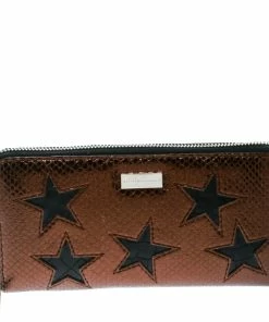 Budget 🔔 Stella McCartney Metallic Brown Faux Leather Stars Zip Around Wallet For 👩 Women ⭐
