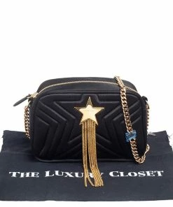 Hot Sale 😍 Stella McCartney Black Quilted Satin Stella Star Crossbody Bag For 👩 Women 🧨 -Stella McCartney Shop luxury women stella mccartney new handbags p561599 004
