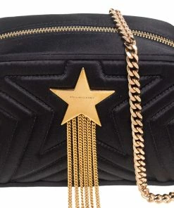 Hot Sale 😍 Stella McCartney Black Quilted Satin Stella Star Crossbody Bag For 👩 Women 🧨 -Stella McCartney Shop luxury women stella mccartney new handbags p561599 006