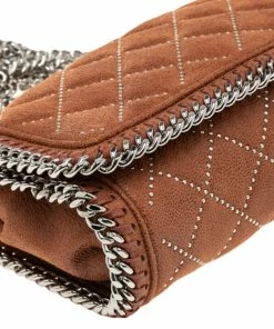Best Sale 👍 Stella McCartney Brown Quilted Faux Suede Studded Falabella Flap Shoulder Bag For 👩 Women 😀 -Stella McCartney Shop luxury women stella mccartney new handbags p561684 005