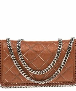 Best Sale 👍 Stella McCartney Brown Quilted Faux Suede Studded Falabella Flap Shoulder Bag For 👩 Women 😀