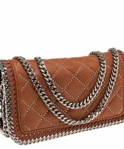 Best Sale 👍 Stella McCartney Brown Quilted Faux Suede Studded Falabella Flap Shoulder Bag For 👩 Women 😀 -Stella McCartney Shop luxury women stella mccartney new handbags p561684 011