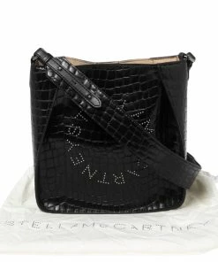Cheap 🌟 Stella McCartney Black Crocodile Embossed Faux Leather Logo Shoulder Bag For 👩 Women ✨ -Stella McCartney Shop luxury women stella mccartney new handbags p586815 009