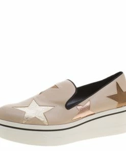 Best Sale ⭐ Stella McCartney Beige Faux Leather And Metallic Fabric Binx Star Platform Slip On 👟 Sneakers Size 41 For 👩 Women 🤩