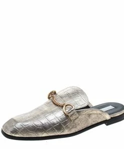 Best Sale 🧨 Stella McCartney Metallic Gold Faux Croc Embossed Leather Chain Trim Flat Slides Size 37 For 👩 Women 👏