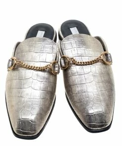 Best Sale 🧨 Stella McCartney Metallic Gold Faux Croc Embossed Leather Chain Trim Flat Slides Size 37 For 👩 Women 👏 -Stella McCartney Shop luxury women stella mccartney new shoes p144114 0003