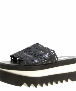Outlet 🛒 Stella McCartney Black Faux Leather Floral Eyelet Embroidered Platform Slides Size 38 For 👩 Women 🤩