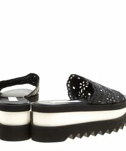 Outlet 🛒 Stella McCartney Black Faux Leather Floral Eyelet Embroidered Platform Slides Size 38 For 👩 Women 🤩 -Stella McCartney Shop luxury women stella mccartney new shoes p154587 0005