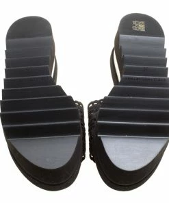 Outlet 🛒 Stella McCartney Black Faux Leather Floral Eyelet Embroidered Platform Slides Size 38 For 👩 Women 🤩 -Stella McCartney Shop luxury women stella mccartney new shoes p154587 0006