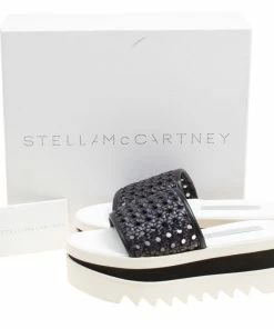 Promo 🌟 Stella McCartney Black Woven Faux Leather Wicker Platform Slides Size 38 For 👩 Women 🎉 -Stella McCartney Shop luxury women stella mccartney new shoes p155334 0008