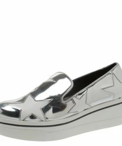 Outlet 😀 Stella McCartney Metallic Silver Faux Leather Binx Star Platform Slip On 👟 Sneakers Size 40 For 👩 Women ⌛