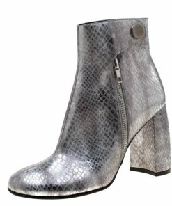 Best Sale 🎉 Stella McCartney Metallic Silver Python Embossed Faux Leather Ankle 🥾 Boots Size 38 For 👩 Women 🎉