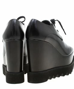 New ✨ Stella McCartney Black Faux Leather Leana Wooden Wedge Lace-Up Oxfords Size 35 For 👩 Women 🥰 -Stella McCartney Shop luxury women stella mccartney new shoes p209350 004