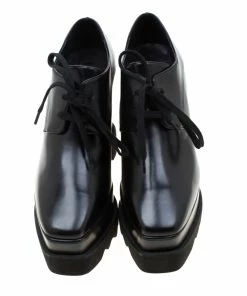 New ✨ Stella McCartney Black Faux Leather Leana Wooden Wedge Lace-Up Oxfords Size 35 For 👩 Women 🥰 -Stella McCartney Shop luxury women stella mccartney new shoes p209350 005