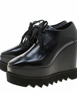 New ✨ Stella McCartney Black Faux Leather Leana Wooden Wedge Lace-Up Oxfords Size 35 For 👩 Women 🥰 -Stella McCartney Shop luxury women stella mccartney new shoes p209350 008