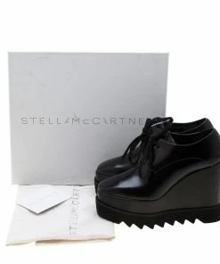 New ✨ Stella McCartney Black Faux Leather Leana Wooden Wedge Lace-Up Oxfords Size 35 For 👩 Women 🥰 -Stella McCartney Shop luxury women stella mccartney new shoes p209350 009