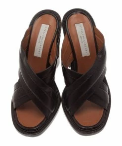 Coupon ⌛ Stella McCartney Brown Faux Leather Veneer CrissCross Slides Size 39 For 👩 Women ✔️ -Stella McCartney Shop luxury women stella mccartney new shoes p2525 004