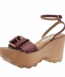 Best Sale 😉 Stella McCartney Bordeaux Faux Leather Buckle Ankle Strap Wedges Size 38 For 👩 Women 🎁