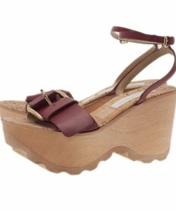 Best Sale 😉 Stella McCartney Bordeaux Faux Leather Buckle Ankle Strap Wedges Size 38 For 👩 Women 🎁 -Stella McCartney Shop luxury women stella mccartney new shoes p2526 005