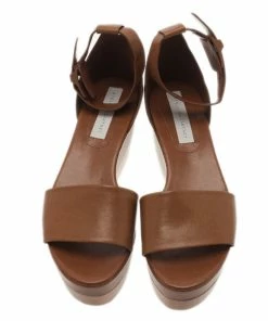 Coupon ✨ Stella McCartney Brown Faux Leather Lindsey Ankle Strap Wedge 🩴 Sandals Size 41 For 👩 Women ✔️ -Stella McCartney Shop luxury women stella mccartney new shoes p2566 005