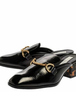Hot Sale ✔️ Stella McCartney Black Faux Patent Leather Chain Detail Block Heel Mules Size 36.5 For 👩 Women ⭐ -Stella McCartney Shop luxury women stella mccartney new shoes p334011 001