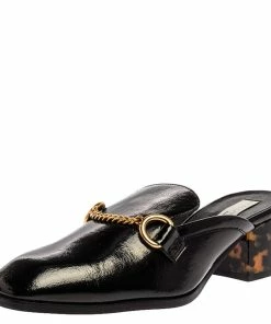 Hot Sale ✔️ Stella McCartney Black Faux Patent Leather Chain Detail Block Heel Mules Size 36.5 For 👩 Women ⭐