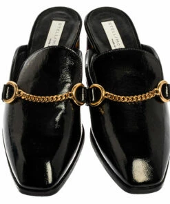 Hot Sale ✔️ Stella McCartney Black Faux Patent Leather Chain Detail Block Heel Mules Size 36.5 For 👩 Women ⭐ -Stella McCartney Shop luxury women stella mccartney new shoes p334011 007