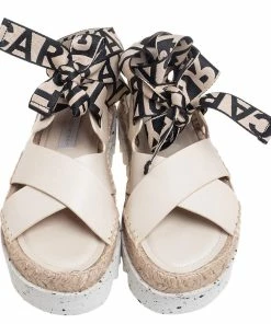 Promo 🔔 Stella McCartney Cream Faux Leather Gaia Ankle Wrap Espadrille 🩴 Sandals Size 36 For 👩 Women 🔔 -Stella McCartney Shop luxury women stella mccartney new shoes p504856 008