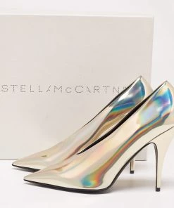 Best Pirce 💯 Stella McCartney Metallic Gold Foil Faux Leather V-Neck Pointed Toe Pumps Size 40.5 For 👩 Women 🧨 -Stella McCartney Shop luxury women stella mccartney new shoes p635555 003