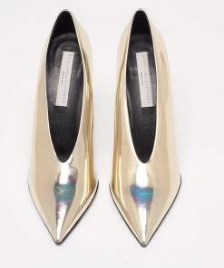 Best Pirce 💯 Stella McCartney Metallic Gold Foil Faux Leather V-Neck Pointed Toe Pumps Size 40.5 For 👩 Women 🧨 -Stella McCartney Shop luxury women stella mccartney new shoes p635555 006