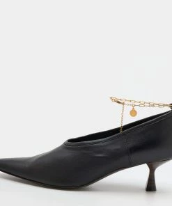 Best Pirce 👏 Stella McCartney Black Faux Leather Mid Heel Chain Ankle Strap Pumps Size 36.5 For 👩 Women ❤️
