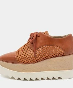Outlet ⌛ Stella McCartney Tan Woven Faux Leather Elyse Lace-Up Platform Derby 👟 Sneakers Size 37.5 For 👩 Women ✨