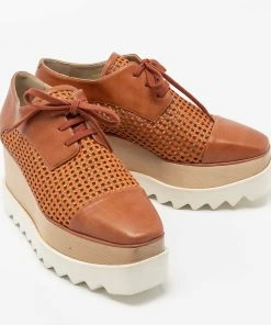 Outlet ⌛ Stella McCartney Tan Woven Faux Leather Elyse Lace-Up Platform Derby 👟 Sneakers Size 37.5 For 👩 Women ✨ -Stella McCartney Shop luxury women stella mccartney new shoes p686830 005