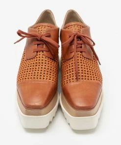 Outlet ⌛ Stella McCartney Tan Woven Faux Leather Elyse Lace-Up Platform Derby 👟 Sneakers Size 37.5 For 👩 Women ✨ -Stella McCartney Shop luxury women stella mccartney new shoes p686830 006