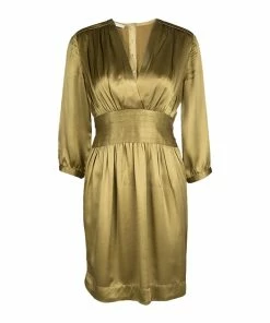 Deals 🔥 Stella McCartney Dull Gold Satin Pleated Long Sleeve 👗 Dress S For 👩 Women 😍