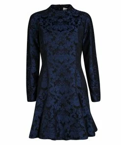 Promo 🤩 Stella McCartney Blue And Black Floral Jacquard Pleat Detail Long Sleeve 👗 Dress M For 👩 Women 🌟