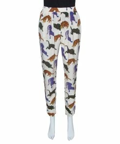 Flash Sale ❤️ Stella McCartney Cream Wild Cat Printed Silk Elasticized Waist Christine Pants S For 👩 Women 🌟