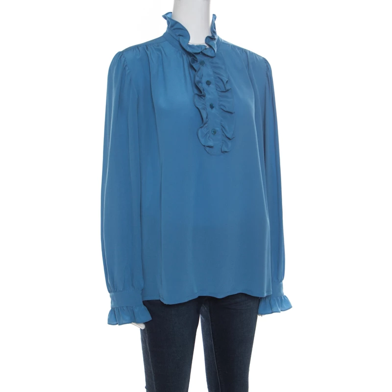 New 👏 Stella McCartney Blue Silk Ruffle Trim Long Sleeve Meredith Blouse M For 👩 Women 👍 4 New 👏 Stella McCartney Blue Silk Ruffle Trim Long Sleeve Meredith Blouse M For 👩 Women 👍 - Image 2