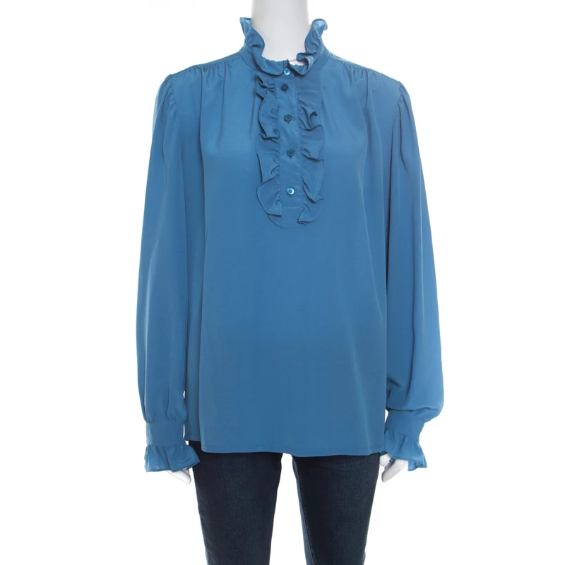 New 👏 Stella McCartney Blue Silk Ruffle Trim Long Sleeve Meredith Blouse M For 👩 Women 👍 3 New 👏 Stella McCartney Blue Silk Ruffle Trim Long Sleeve Meredith Blouse M For 👩 Women 👍