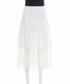 New 🛒 Stella McCartney White Cotton Pleated Mesh Hem Detail Midi 👗 Skirt M For 👩 Women 🤩