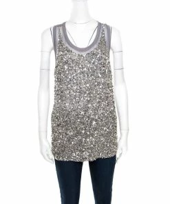 Promo 🌟 Stella McCartney Grey Silk Cotton Sequin Embellished Tank Top S For 👩 Women ✨